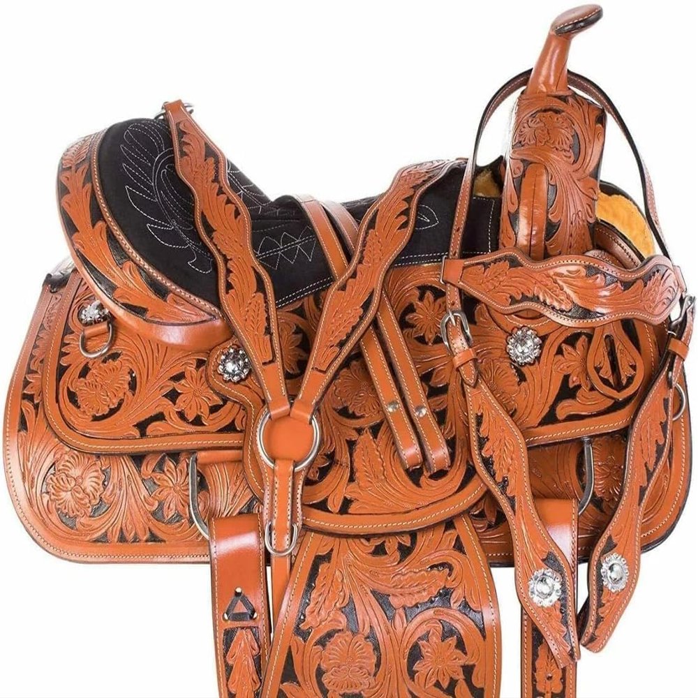 Premium Leather Western Barrel Racing Horse Saddle Tack Set Size 10" to 19" Inches Brown with Black Seat Handmade Tooled Saddle ME-WLS-137 (10" Seat)