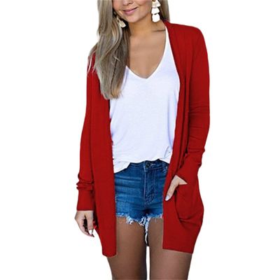 Cardigans for Women Thin Summer Beach Cardigan Lightweight Cover Ups Solid Open Front Cardigans Outwear with Pockets Red