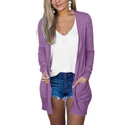Cardigans for Women Thin Summer Beach Cardigan Lightweight Cover Ups Solid Open Front Cardigans Outwear with Pockets Purple