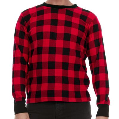 JMR Mens Thermal Shirt Long Sleeve - Heavyweight 100% Cotton Waffle Weave Top, Warm Breathable Base Layer or Standalone Cold Weather Essential (Red Plaid)