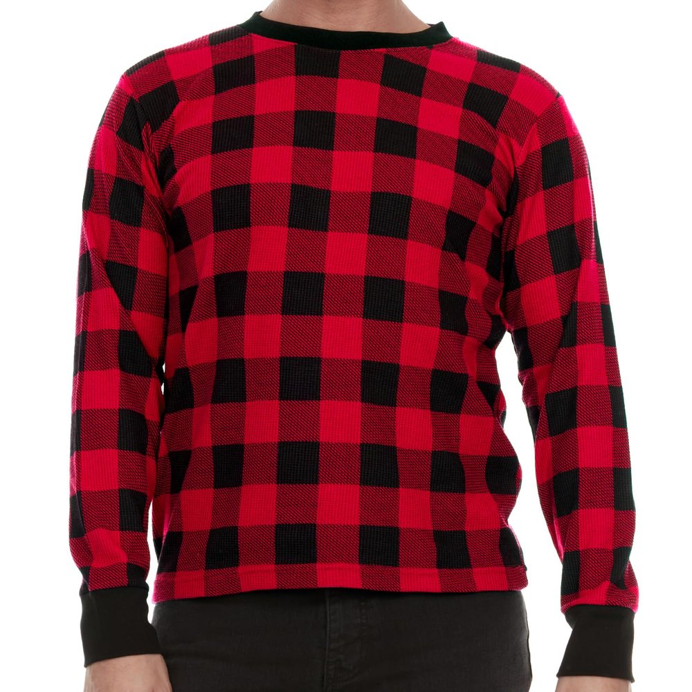 JMR Mens Thermal Shirt Long Sleeve - Heavyweight 100% Cotton Waffle Weave Top, Warm Breathable Base Layer or Standalone Cold Weather Essential (Red Plaid)