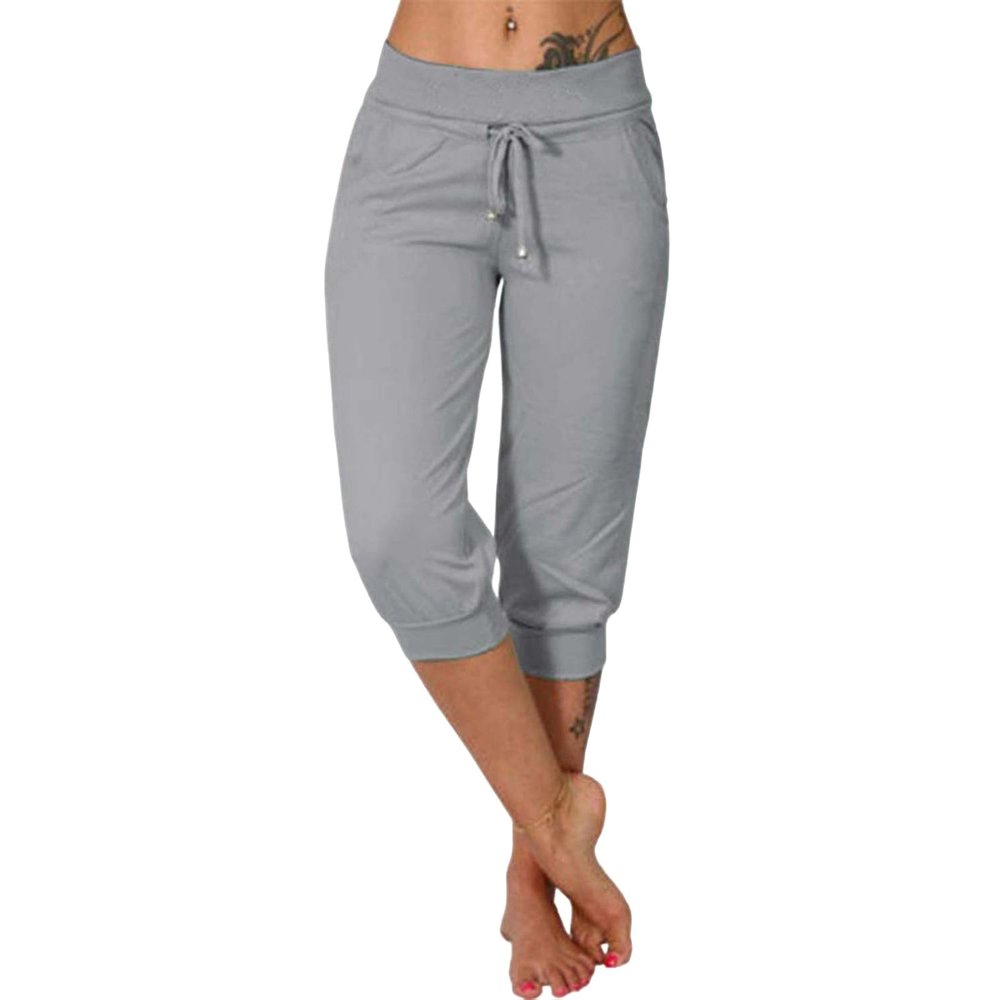 Canbebig Sweatpants for Women Capri Pants Cropped Jogger Running Pants Lounge Loose Fit Drawstring Waist Trousers with Pockets Grey