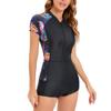 Women Zipper Rash Guard Short Sleeves Sun Protection Surf Rashguard Floral Print One Piece Sport Swimsuits Swim Boyleg Athletic Bathing Suit Wetsuit Swimwear Surfing Beachwear Black Blue Leaves XL view 4