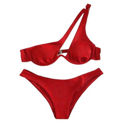 Solid Color Bikini Sets One Shoulder Beachwear Low Waist Beach Equipment for Women Swimming Suit Brazilian Padded Swimwear (as1, Alpha, m, Regular, Regular, Red)