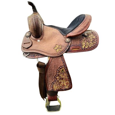 Western Kids Barrel Saddle with Floral Tooled Youth Child Premium Quality Genuine Leather Saddle 10", 11", 12", 13" ME-WLS-142 (10" Seat)