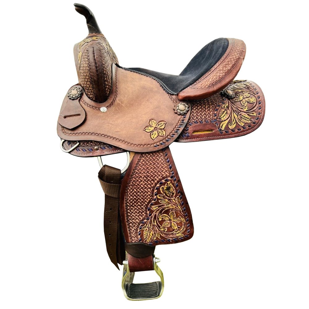 Western Kids Barrel Saddle with Floral Tooled Youth Child Premium Quality Genuine Leather Saddle 10", 11", 12", 13" ME-WLS-142 (10" Seat)