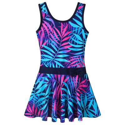 Girls Swimsuit One Piece UPF 50+ Floral Skirted Bathing Suit Modest Beach Swim Dress S363_NavyLeaves_104/110