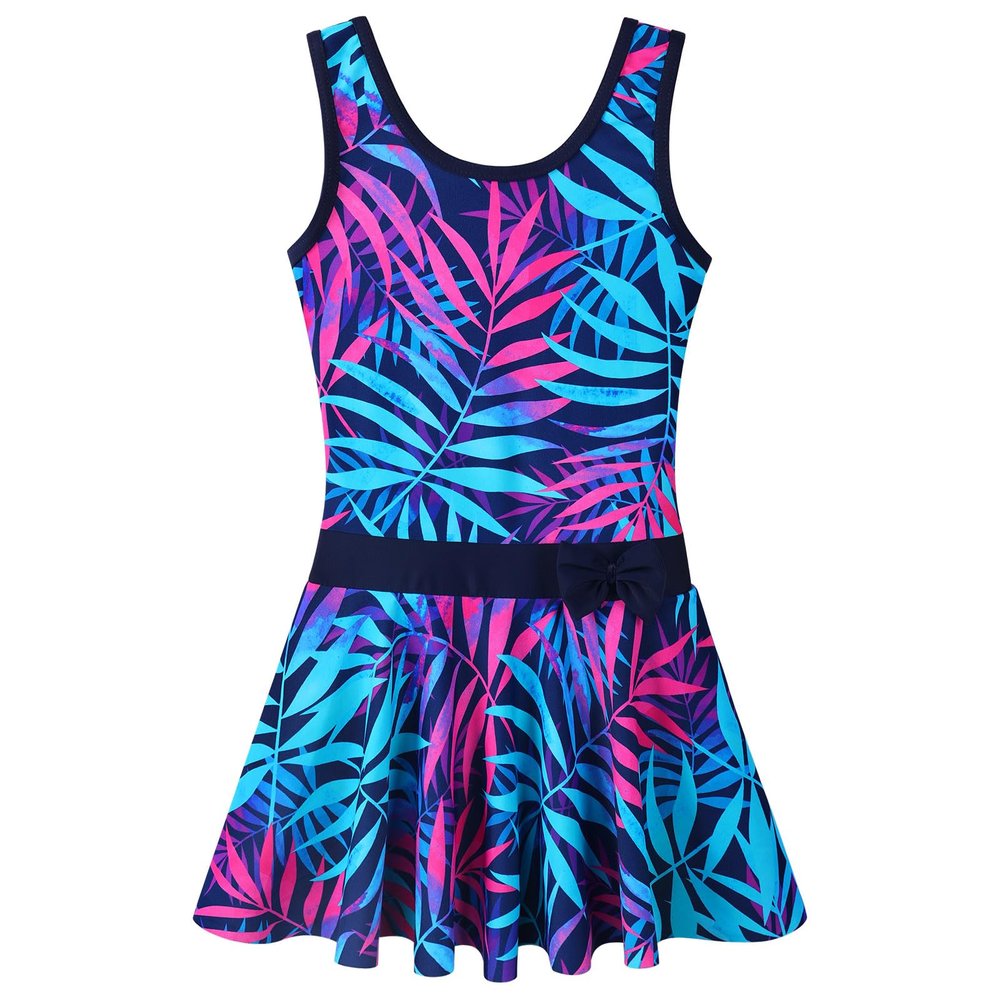 Girls Swimsuit One Piece UPF 50+ Floral Skirted Bathing Suit Modest Beach Swim Dress S363_NavyLeaves_104/110