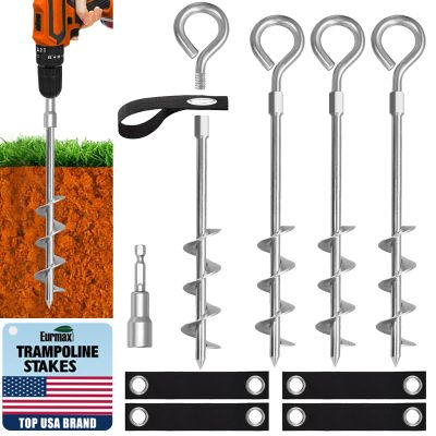 Eurmax USA Trampoline Stakes Screw in Tent Stakes Parts Heavy Duty for Canopies,4-Pack Outdoor Anchor Kit with Straps(Silver)