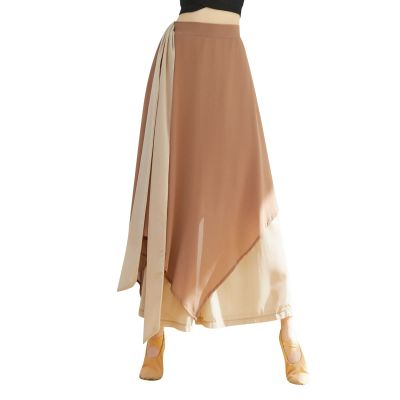 YOLAI Women's Casual Chiffon Colour Blocking Dance Wide Legged Long Pants Practice Exercises Dance Training Pants (Khaki, S)
