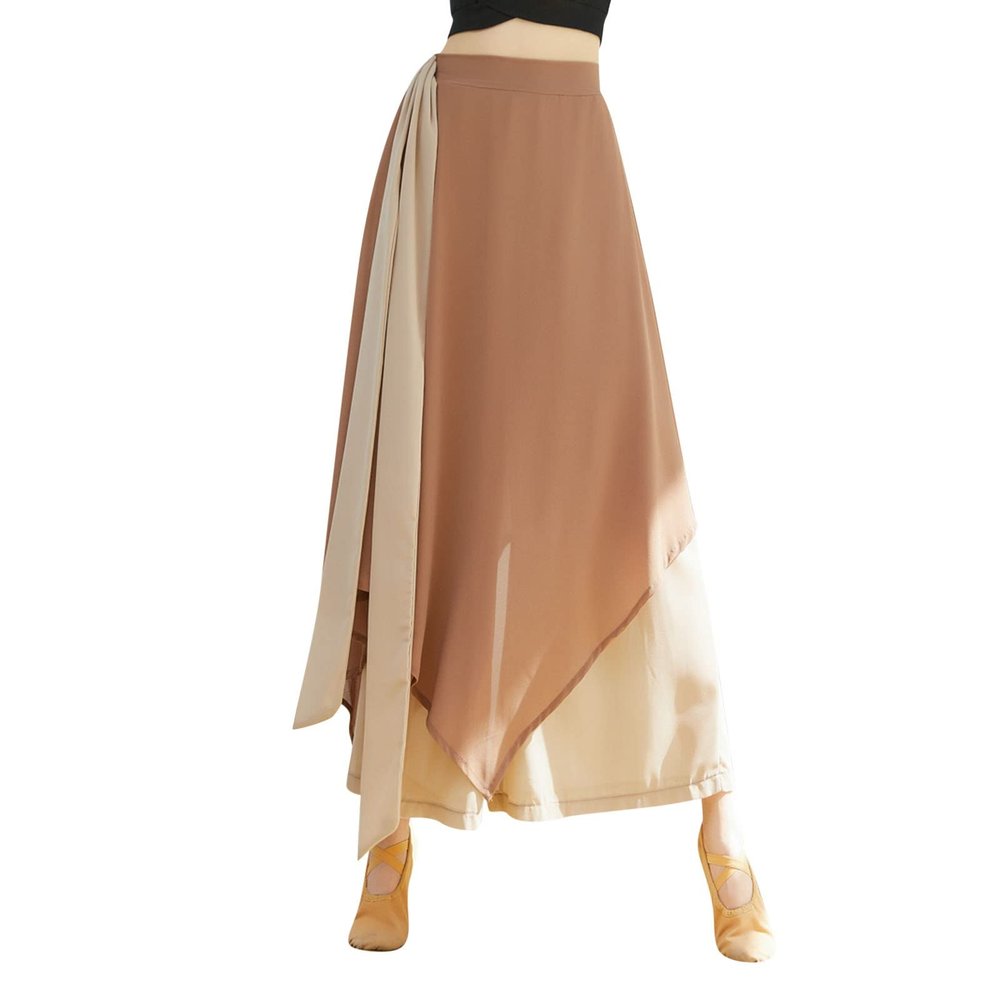 YOLAI Women's Casual Chiffon Colour Blocking Dance Wide Legged Long Pants Practice Exercises Dance Training Pants (Khaki, S)