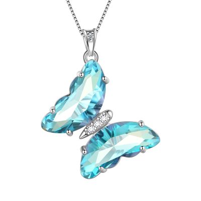 Aurora Tears Butterfly Necklace Earrings Ring Bracelet - Women 925 Sterling Silver Animal Butterflies March Birthstone Pendant Blue Crystal Wedding Birthday Jewelry DP0311H