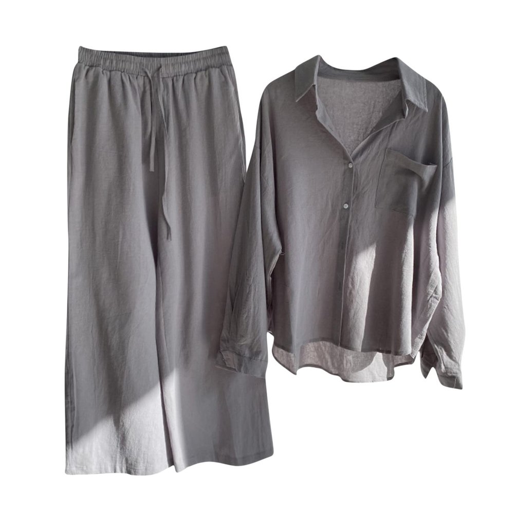 2 Piece Cotton Linen Outfits for Women Summer Dressy Business Work Suits Streetwear Button Down Tops and Pants Suit