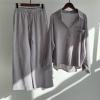 2 Piece Cotton Linen Outfits for Women Summer Dressy Business Work Suits Streetwear Button Down Tops and Pants Suit view 4