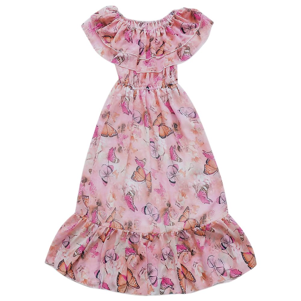 KAGAYD Toddler Boho Dress Tea Party Dress for Girls Chiffon Dress Summer Foreign Style Mid Length Beach (Pink, 13-14 Years)