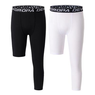 DEVOROPA Youth Boys One Leg Compression Pants for Basketball 2-Pack 3/4 Leggings Sports Tights Kids Athletic Soccer Base Layer Black/White XL