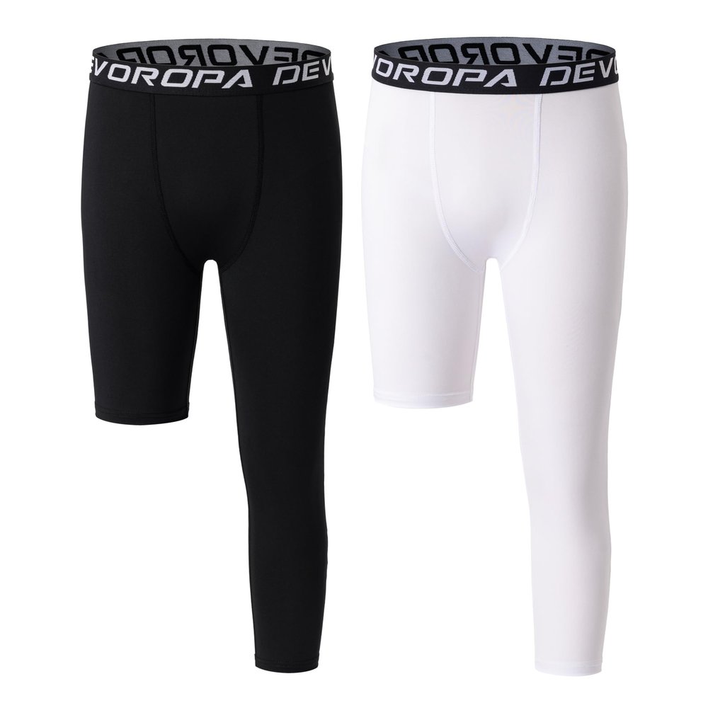 DEVOROPA Youth Boys One Leg Compression Pants for Basketball 2-Pack 3/4 Leggings Sports Tights Kids Athletic Soccer Base Layer Black/White XL