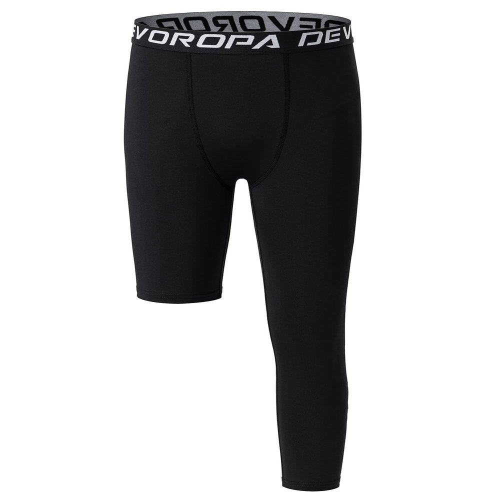 DEVOROPA Youth Boys One Leg Compression Pants for Basketball 3/4 Leggings Sports Tights Kids Athletic Soccer Base Layer Black M