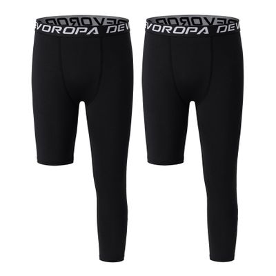 DEVOROPA Youth Boys One Leg Compression Pants for Basketball 2-Pack 3/4 Leggings Sports Tights Kids Athletic Soccer Base Layer Black/Black XL
