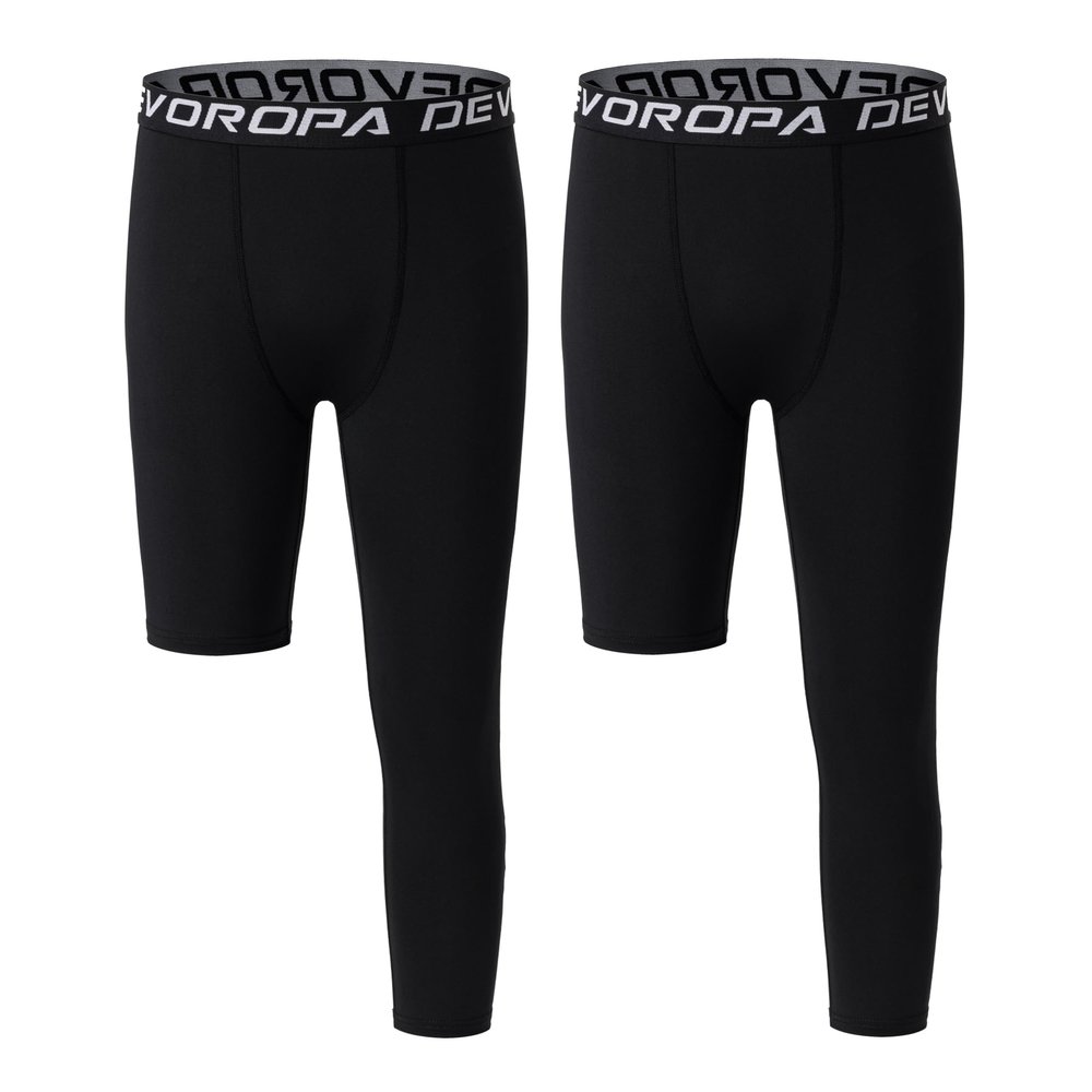 DEVOROPA Youth Boys One Leg Compression Pants for Basketball 2-Pack 3/4 Leggings Sports Tights Kids Athletic Soccer Base Layer Black/Black XL