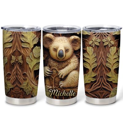 Hyturtle Personalized Gifts Koala Lover - 2D Koala Prints Customized Name Stainless Steel Tumbler 20 oz With Lid - Idea Cute Animals Lover Gifts For Women, Girl, Kids On Birthday, Christmas