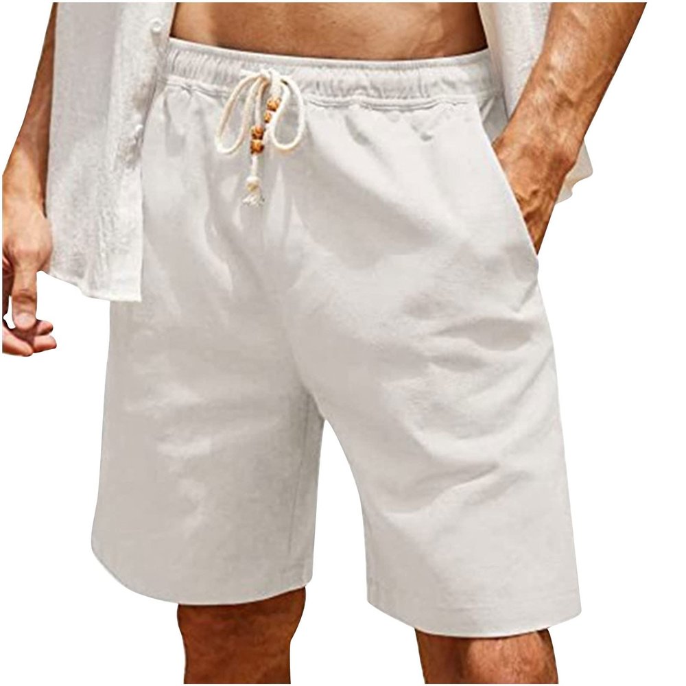 XUNRYAN Linen Shorts for Men High Waist Drawstring Bermuda Short Knee Length Summer Casual Beach Work Short Pants w Pockets White