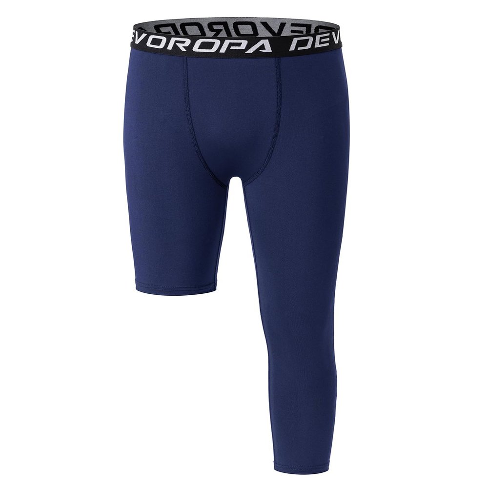 DEVOROPA Youth Boys One Leg Compression Pants for Basketball 3/4 Leggings Sports Tights Kids Athletic Soccer Base Layer Navy M