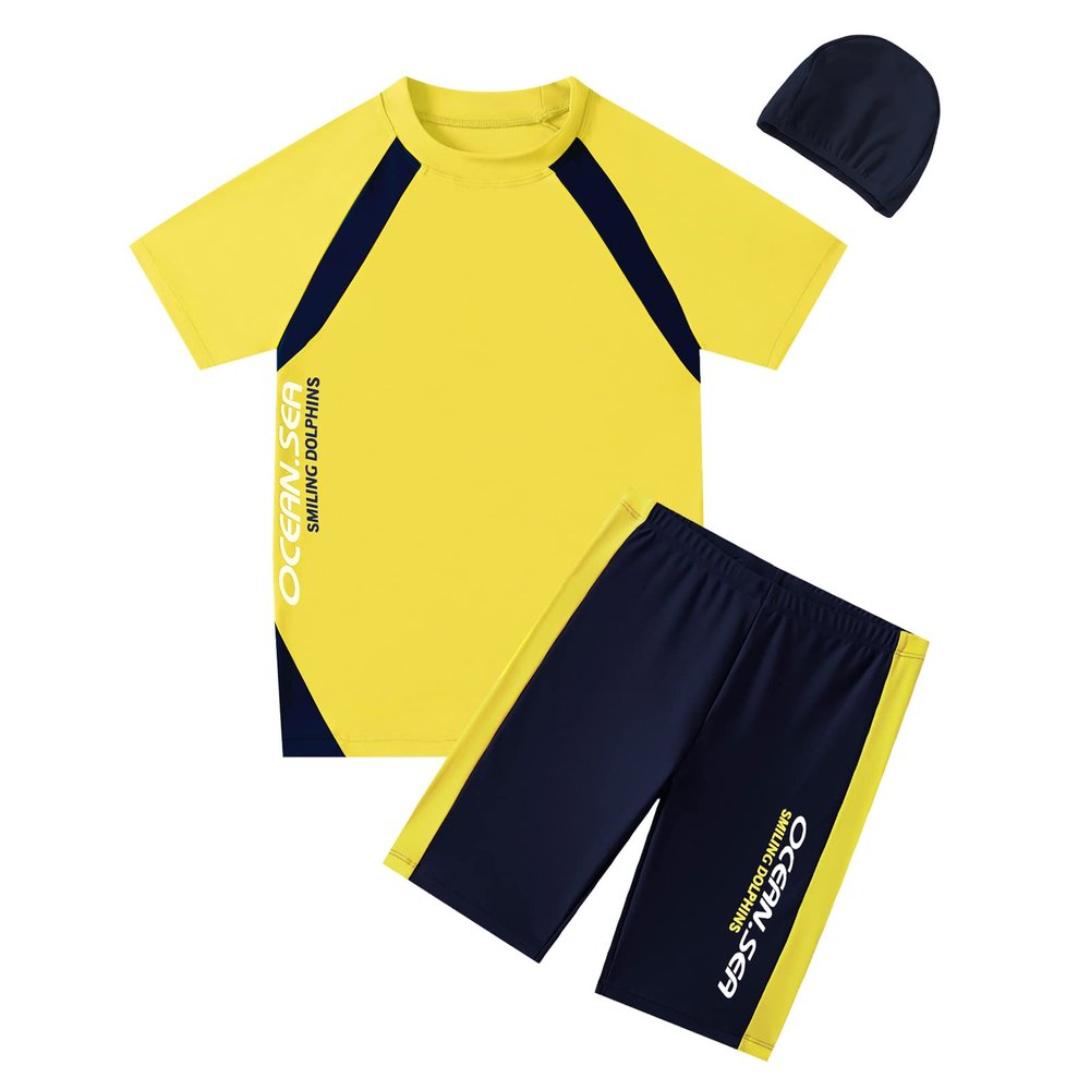 Boys Swimsuits Short Sleeve UPF 50+ Sun Protection Rash Guard with Hat 2 Piece Kids Bathing Suit 4-14 Years Yellow