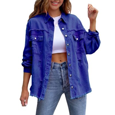 Awoscut Women's Basic Long Sleeve Ripped Distressed Denim Jacket Button Down Boyfriend Jean Coat Trucker Jackets Fall Top (Blue, M)