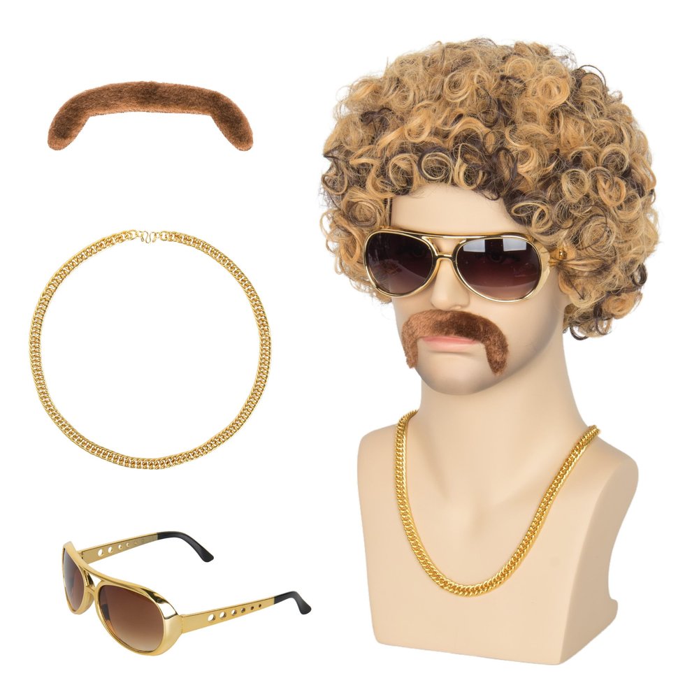 Yan Dream 5pcs Set Afro Brown Wig 70s 80s Disco Rock Wig for Men Women Punk Hippies Party Costume Wig Halloween