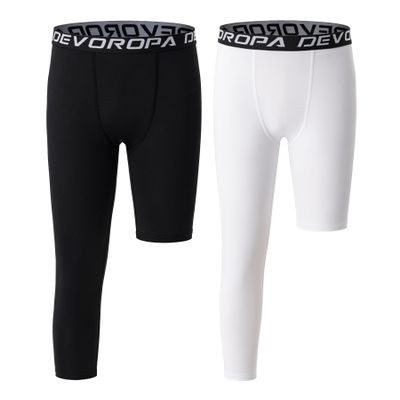 DEVOROPA Youth Boys Leggings One Leg Compression Pants 2-Pack 3/4 Basketball Sports Tights Running Capris Kids Athletic Base Layer Black/White M