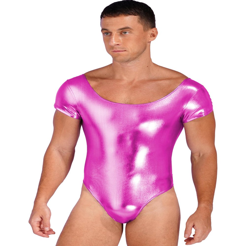 Hedmy Men's Shiny Wetlook One-Piece Catsuit Wrestling Singlet Leotard Bodysuit Jumpsuit Clubwear Rose X-Large