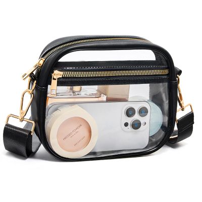 Fibrdoo Clear Bag Stadium Approved, Leather Clear Crossbody Purse Bag for Concerts Sports Events Festivals (Black)