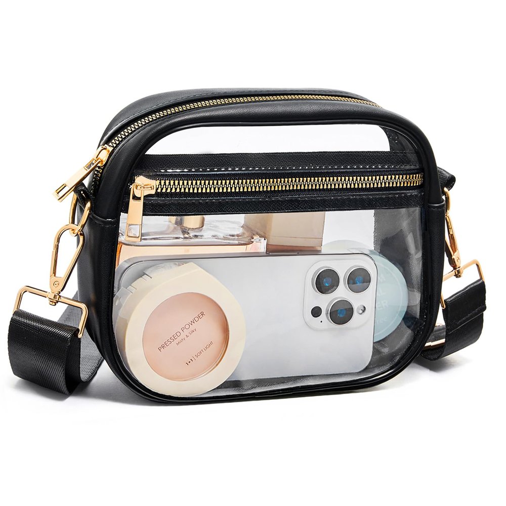 Fibrdoo Clear Bag Stadium Approved, Leather Clear Crossbody Purse Bag for Concerts Sports Events Festivals (Black)