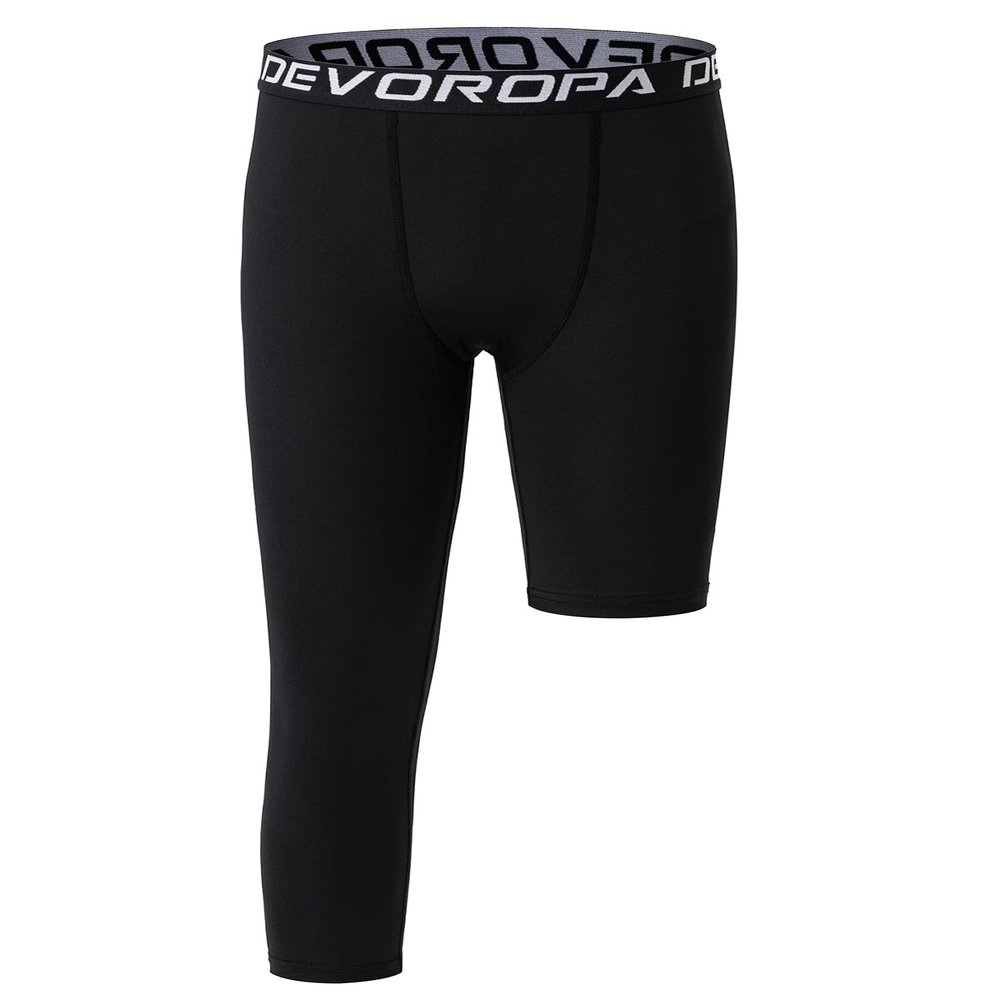 DEVOROPA Youth Boys Leggings One Leg Compression Pants 3/4 Basketball Sports Tights Running Capris Kids Athletic Base Layer Black XS