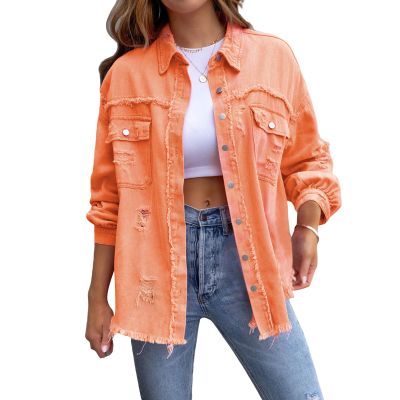 Awoscut Women's Basic Long Sleeve Ripped Distressed Denim Jacket Button Down Boyfriend Jean Coat Trucker Jackets Fall Top (Orange, L)