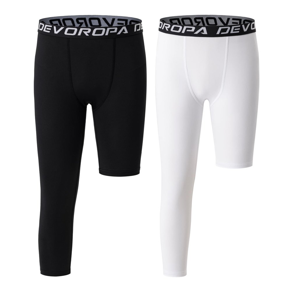 DEVOROPA Youth Boys Leggings One Leg Compression Pants 2-Pack 3/4 Basketball Sports Tights Running Capris Kids Athletic Base Layer Black/White XL