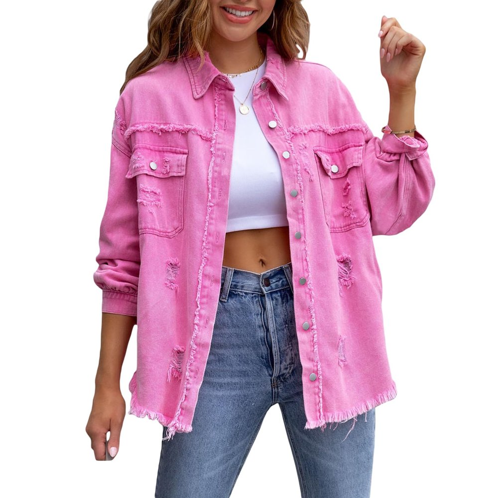 Awoscut Women's Basic Long Sleeve Ripped Distressed Denim Jacket Button Down Boyfriend Jean Coat Trucker Jackets Fall Top (Pink, S)