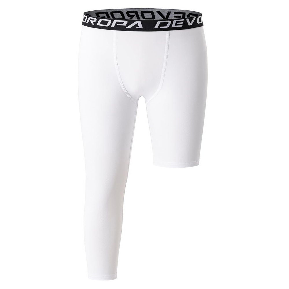 DEVOROPA Youth Boys Leggings One Leg Compression Pants 3/4 Basketball Sports Tights Running Capris Kids Athletic Base Layer White XL
