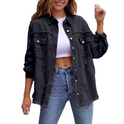 Awoscut Women's Basic Long Sleeve Ripped Distressed Denim Jacket Button Down Boyfriend Jean Coat Trucker Jackets Fall Top (Black, XL)