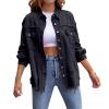 Awoscut Women's Basic Long Sleeve Ripped Distressed Denim Jacket Button Down Boyfriend Jean Coat Trucker Jackets Fall Top (Black, XL) view 2