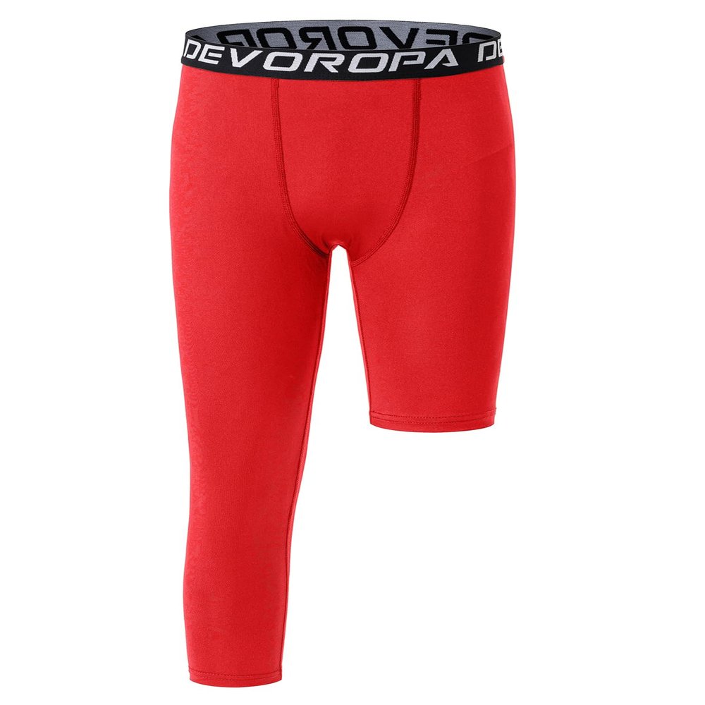 DEVOROPA Youth Boys Leggings One Leg Compression Pants 3/4 Basketball Sports Tights Running Capris Kids Athletic Base Layer Red XS