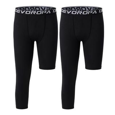 DEVOROPA Youth Boys Leggings One Leg Compression Pants 2-Pack 3/4 Basketball Sports Tights Running Capris Kids Athletic Base Layer Black/Black S