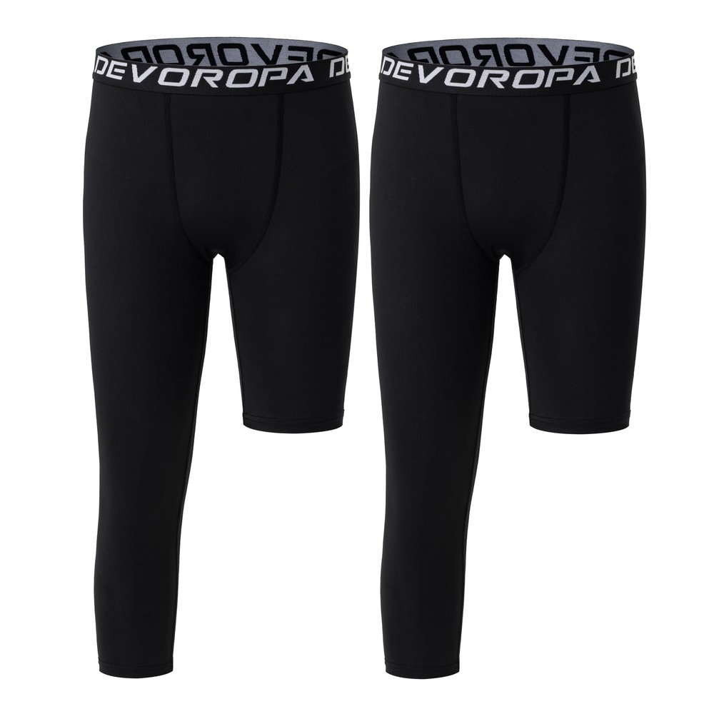 DEVOROPA Youth Boys Leggings One Leg Compression Pants 2-Pack 3/4 Basketball Sports Tights Running Capris Kids Athletic Base Layer Black/Black S