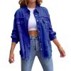 Awoscut Women's Basic Long Sleeve Ripped Distressed Denim Jacket Button Down Boyfriend Jean Coat Trucker Jackets Fall Top (Blue, XXL) view 2