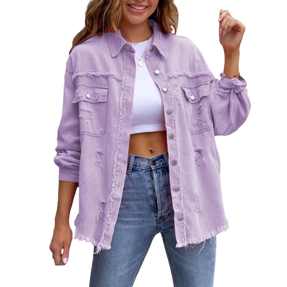 Awoscut Women's Basic Long Sleeve Ripped Distressed Denim Jacket Button Down Boyfriend Jean Coat Trucker Jackets Fall Top (Purple, L)