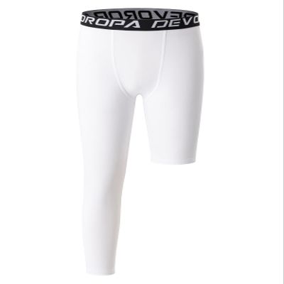 DEVOROPA Youth Boys Leggings One Leg Compression Pants 3/4 Basketball Sports Tights Running Capris Kids Athletic Base Layer White L