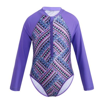 LiiYii Kids Girls Palm Printed One Piece Swimwear Long Sleeves Zipper Front Quick Dry Swimsuit Bathing Suit Purple 12 Years