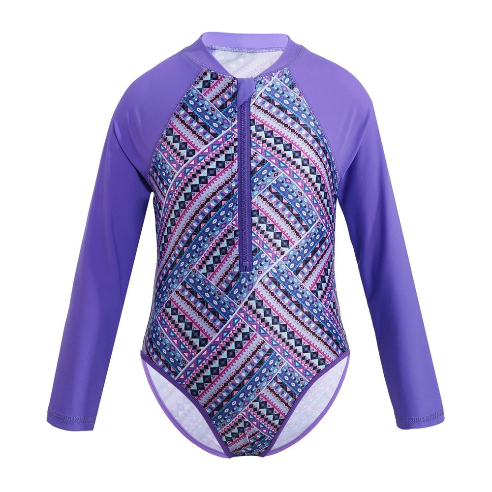 LiiYii Kids Girls Palm Printed One Piece Swimwear Long Sleeves Zipper Front Quick Dry Swimsuit Bathing Suit Purple 12 Years