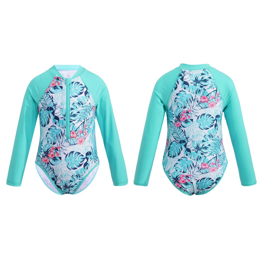 LiiYii Kids Girls Palm Printed One Piece Swimwear Long Sleeves Zipper Front Quick Dry Swimsuit Bathing Suit Mint Green 4 Years